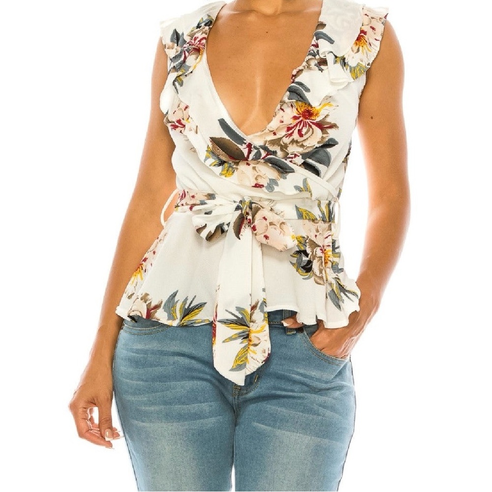 Floral Wrap Peplum Top in Ivory